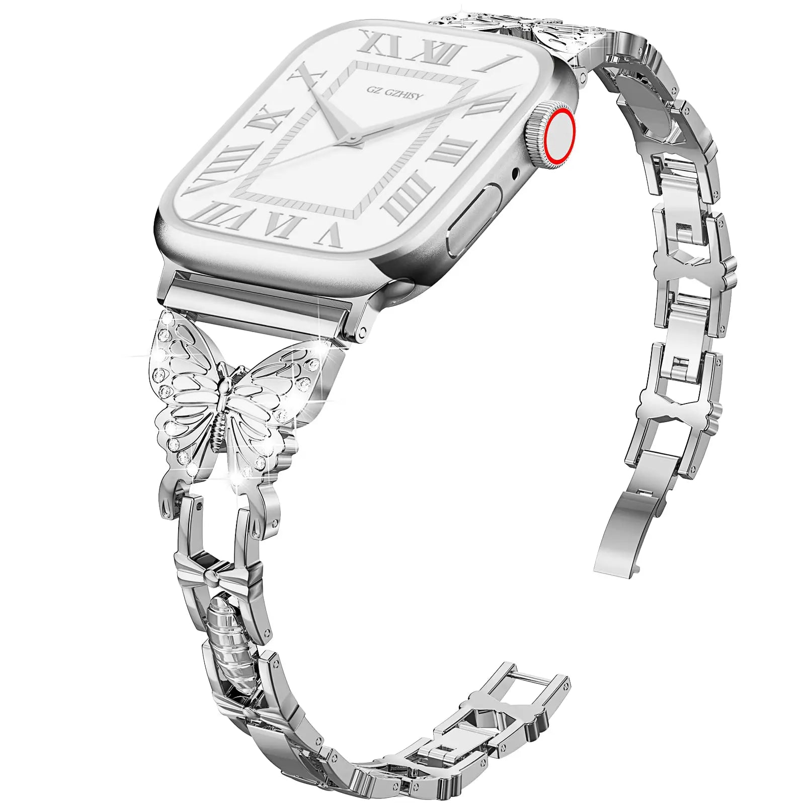 Diamond Butterfly Accent Metal Apple Watch Band Ultra 49mm 45mm 38mm 40mm 42mm 44mm iwatch 8 7 6 se 5 4 3 2 loop 41mm
